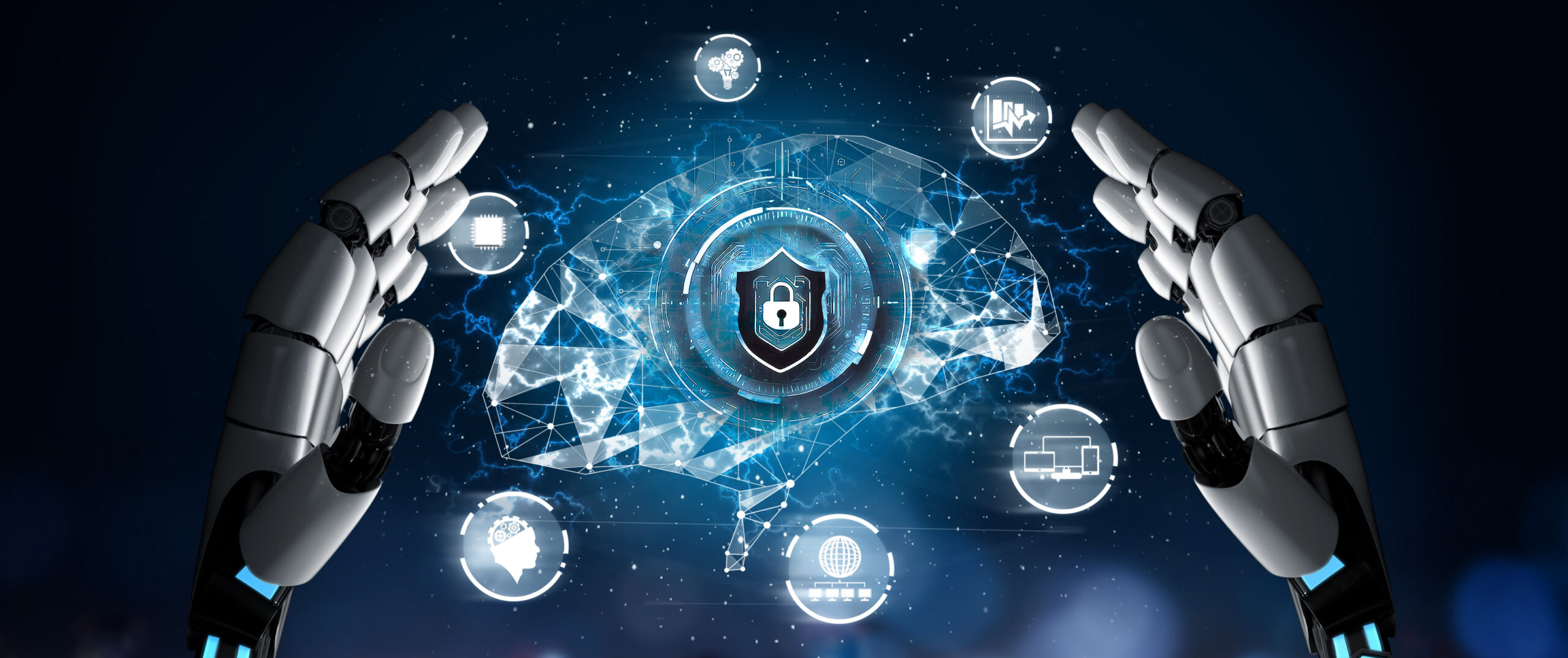 Futuristic robot artificial intelligence concept. الأمن السيبراني